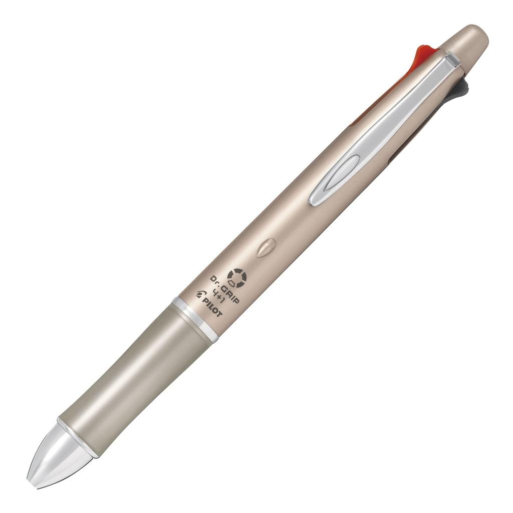 Pilot Dr. Grip Multi-Function Pen 4+1: 4 Color Ballpoint 0.7mm + Mechanical Pencil 0.5mm, Champagne Gold, Slide-Lever, Lightweight 26.3g