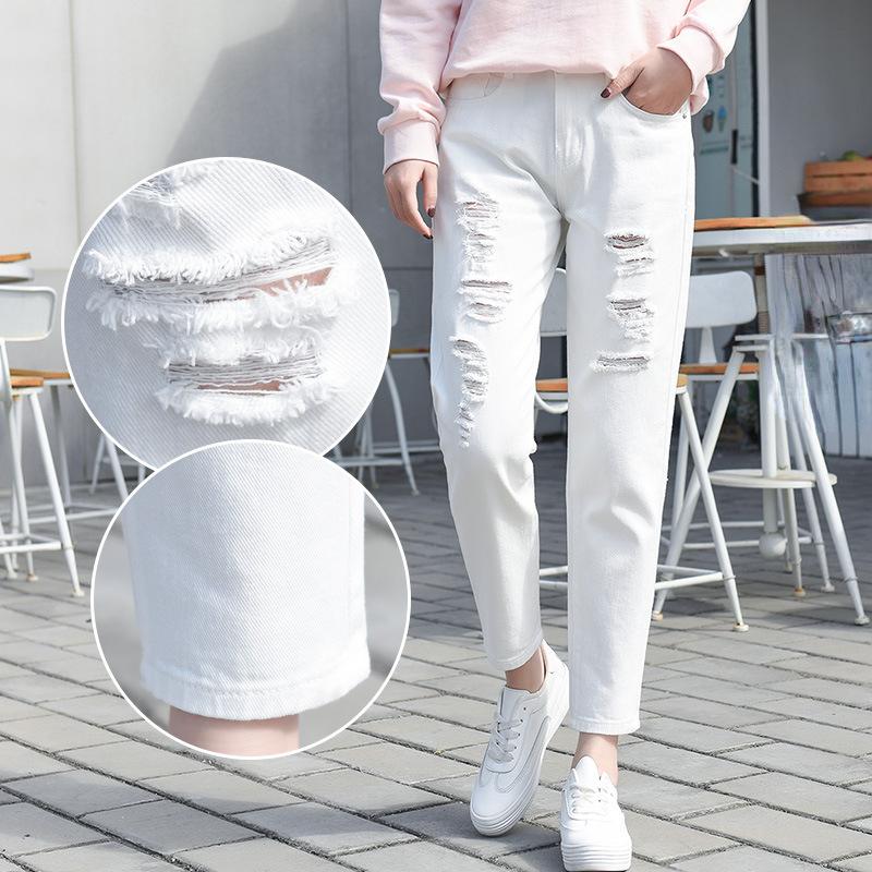 White Broken Hole Jeans Female High-waisted Spring Thin Section of The New Loose Straight Nine Points Beggar Trousers