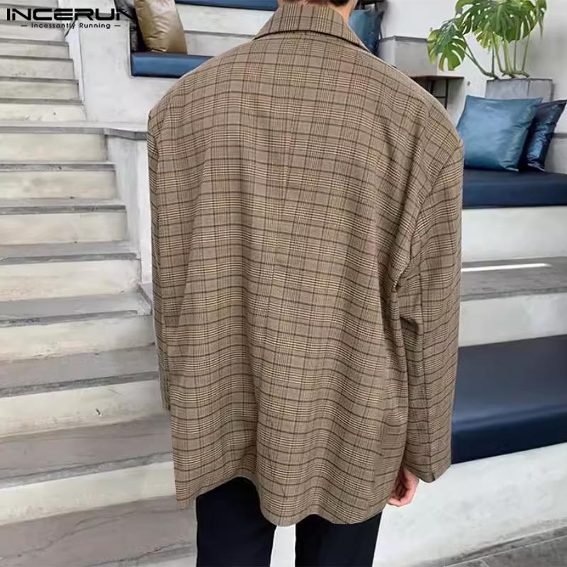 INCERUN Мужской пиджак с зазубренными лацканами и длинным рукавом в клетку, повседневный свободный пиджак
