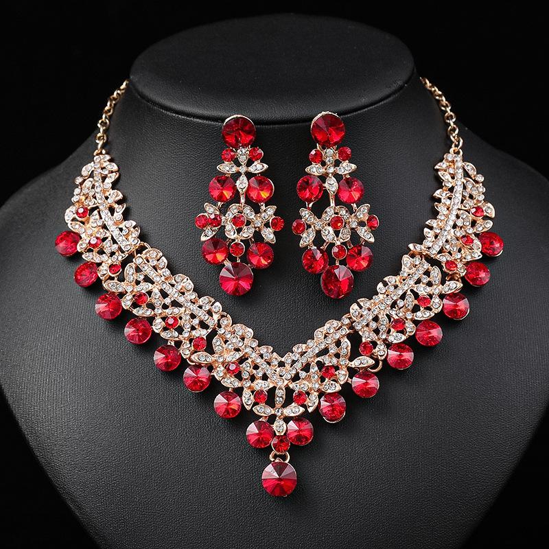 3 PCS Women's Zircon Sets Rhinestone Crystal Earrings Set Colorful Necklace Earrings Two Pieces Wedding Party Zircon