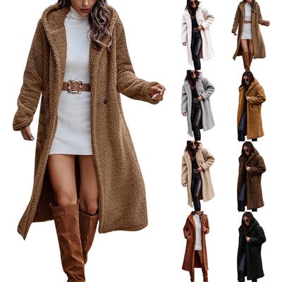 Женское длинное и зимнее однотонное шерстяное пальто с длинным рукавом