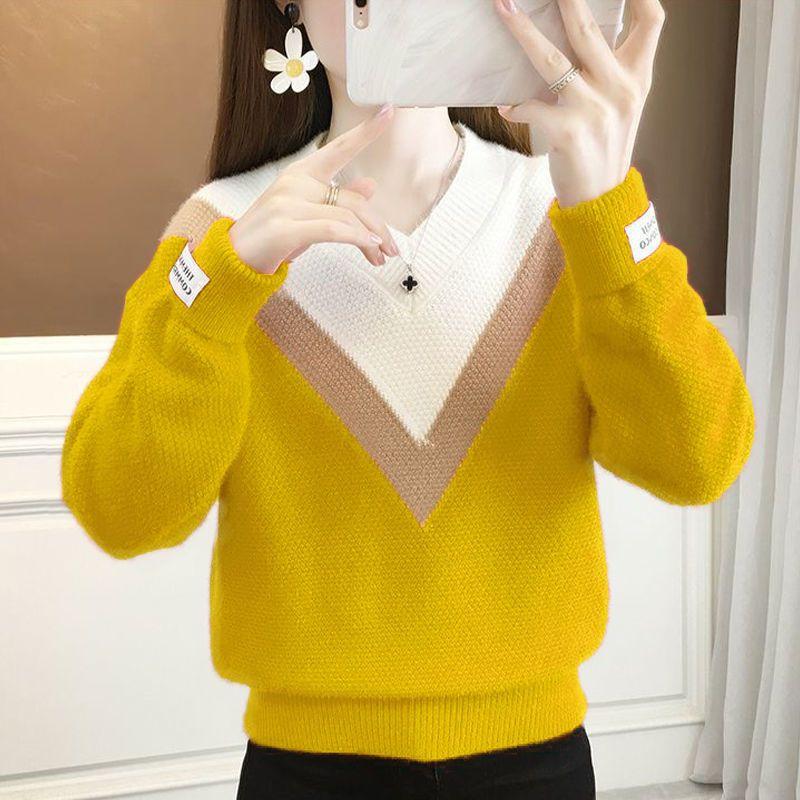 Women Knitted Sweater Autumn and Winter Colorblocking V-Neck Long Sleeve Knit Sweater Thickened Knit Jumper