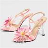 Модные розовые сандалии на каблуке с цветочным декором Женская мода Ремешок на щиколотке Пряжка Дизайнерская обувь Элегантная обувь для вечеринки с острым носком
