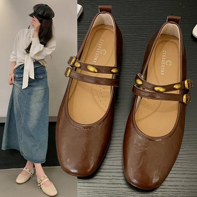 Модные ретро туфли Мэри Джейн на плоском каблуке, квадратный носок, элегантная обувь, верх из искусственной кожи, резиновая подошва, весенне-осенний сезон, однотонные, универсальные туфли