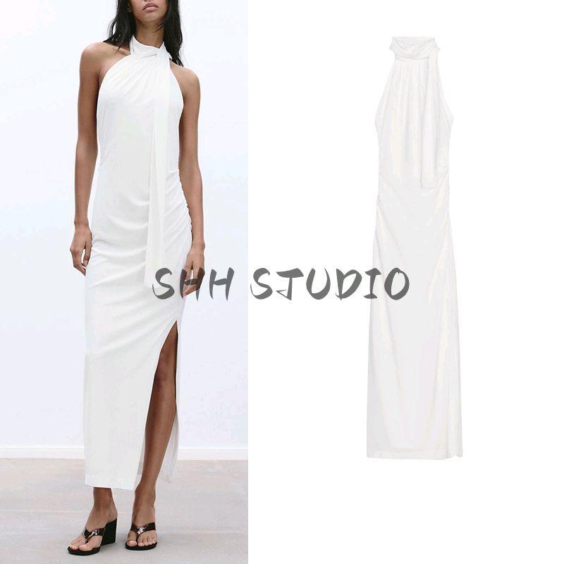 Spring New Women's Clothing Fashion Wind Hanging Collar Bowknot Decoration Open Back Midi Skirt Dress 2180374