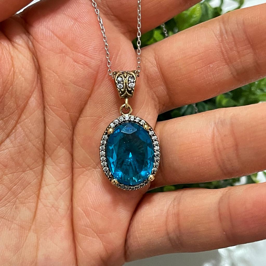 Серебряный кулон с аквамариновым камнем, ожерелье из стерлингового серебра, кулон в стиле султана Хюррем, ювелирные изделия с аквамариновым камнем, турецкие украшения