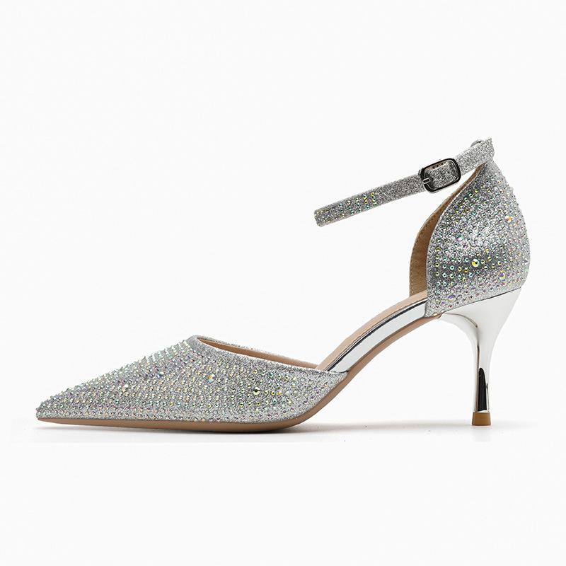 Босоножки на высоком каблуке со стразами, пикантные туфли на высоком каблуке с пряжкой, острые сандалии на шпильке, женские