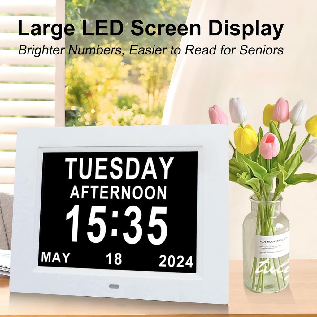 TMC 2025 New Digital Clock for Seniors, Large Display Calendar Dementia Clock with Date, Day & Week, 3 Medication Reminders+ 5 Alarms, SD Card Video,