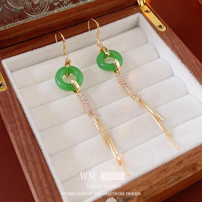 Chinese Style Gold Electroplated Zircon Chalcedony Tassel Earrings - High-End Retro Design
