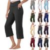 Women Elastic High Waist 3/4 Pant Casual Active Fit Wide Capris Leg Pants Trousers With Pockets