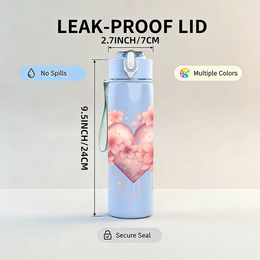 1PC Soft Pink Floral Heart 750ml Color Plastic Sports Water Bottle Leakproof Flip Straw Lid Suitable for Sports Office Home Use
