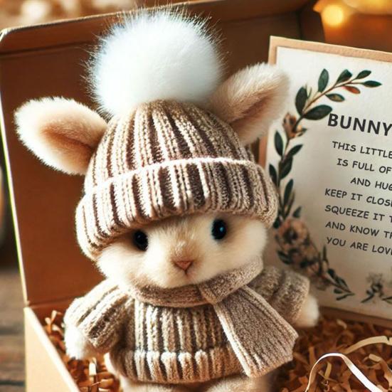 Mini Bunny Hug Easter Gift Plush Stuffed Rabbit Doll with Knitted Hat And Pom Pom Pocket Emotional Support Animal with Gift Box Inspirational Card