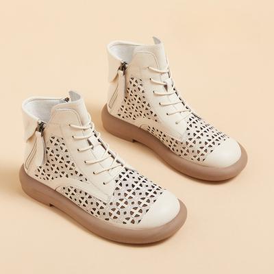 Кожаные ботинки женские 2025 ретро кожаные полые ботинки для женщин на платформе с двухсторонней молнией повседневные короткие ботинки женская обувь