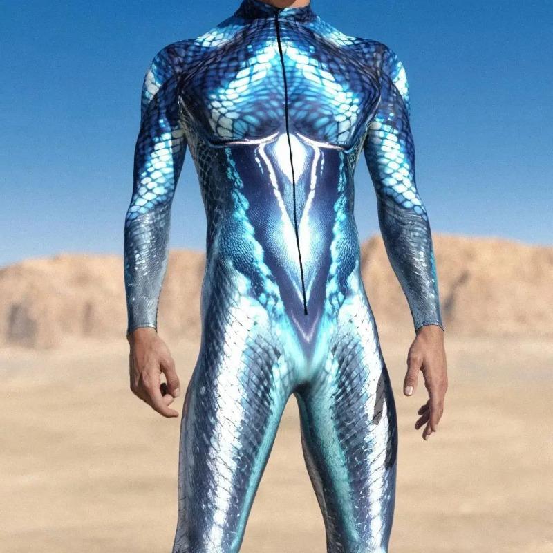 Halloween Men Mermaid Cosplay Jumpsuit Fish Scale Cyber Armor Bodysuit Steampunk Zentai Suit Carnival Party Show Cycling Catsuit