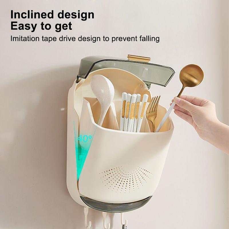 Kitchen Cutlery Storage Box Wall Mount Tableware Storage Holder With Lid Dustproof Spoon And Chopstick Organizer Drain Racks