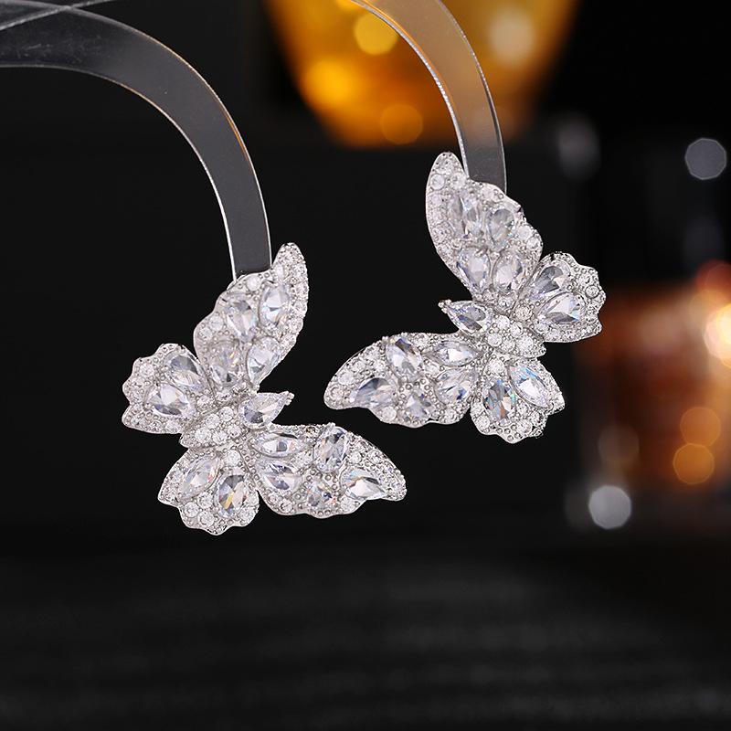New Earrings Heavy Industry Advanced Color Zircon Earrings Women's Atmosphere S925 Silver Needle Stereoscopic Butterfly Earrings