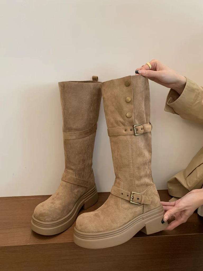 2025 Autumn and Winter New Retro Suede Knight Boots Women's Thick Heel Thick Sole Long Tube High Tube Thin Round Head High Boots