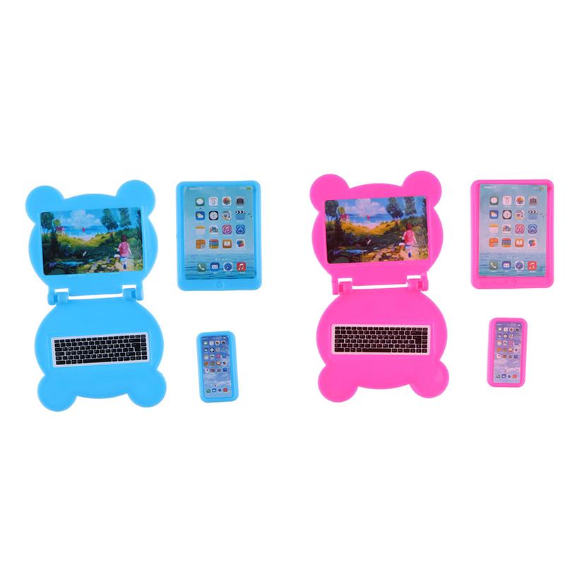 3Pcs/Set 1:12 Dollhouse Miniature Folding Laptop Model Computer Tablet Phone Set Doll House Office Scene Home Decor Toy