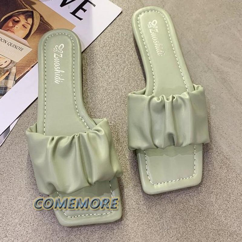 Женские плоские шлепанцы, лето 2024, стильные сандалии с квадратной головкой и складками для женщин, повседневные шлепанцы, однотонная обувь, мода