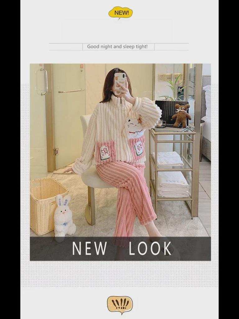 Женская зимняя пижама больших размеров из кораллового и жаккардового бархата - Милая и уютная домашняя одежда (До 200 фунтов)