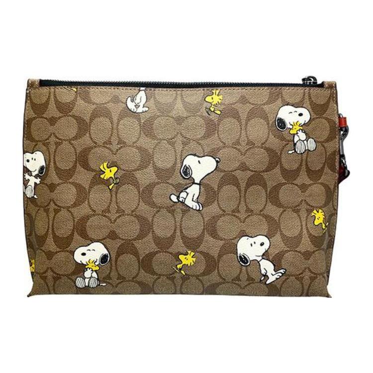 Новый кошелек-клатч COACH PEANUTS, коллаборация, из канвы с покрытием и отделкой из изысканной телячьей кожи, большой, женский, хаки CE712-QBE7V