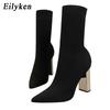 Eilyken Women Fetish Stretch Sock Boots Metal Block High Heels 9.5cm Short Ankle Boots Chunky Stripper Shoes Mujer