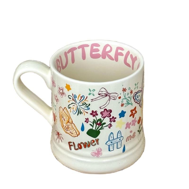 High looking Mug Childlike Graffiti Butterfly Cream Ceramic Mug  Office Coffee Mug Couple Breakfast Mug