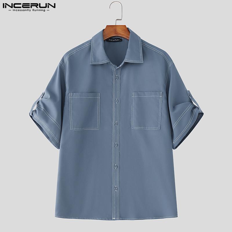 INCERUN Two Pieces Men Lapel Neck Short Sleeve Shirt Long Straight Pants Sets Outfits