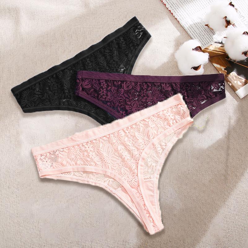 3Pcs/Set Women Sexy Lace Panties Lingerie Floral Sexy Low Waist Deep Color Thongs Ladies Underwear Fashion Soft Underpants S-XL
