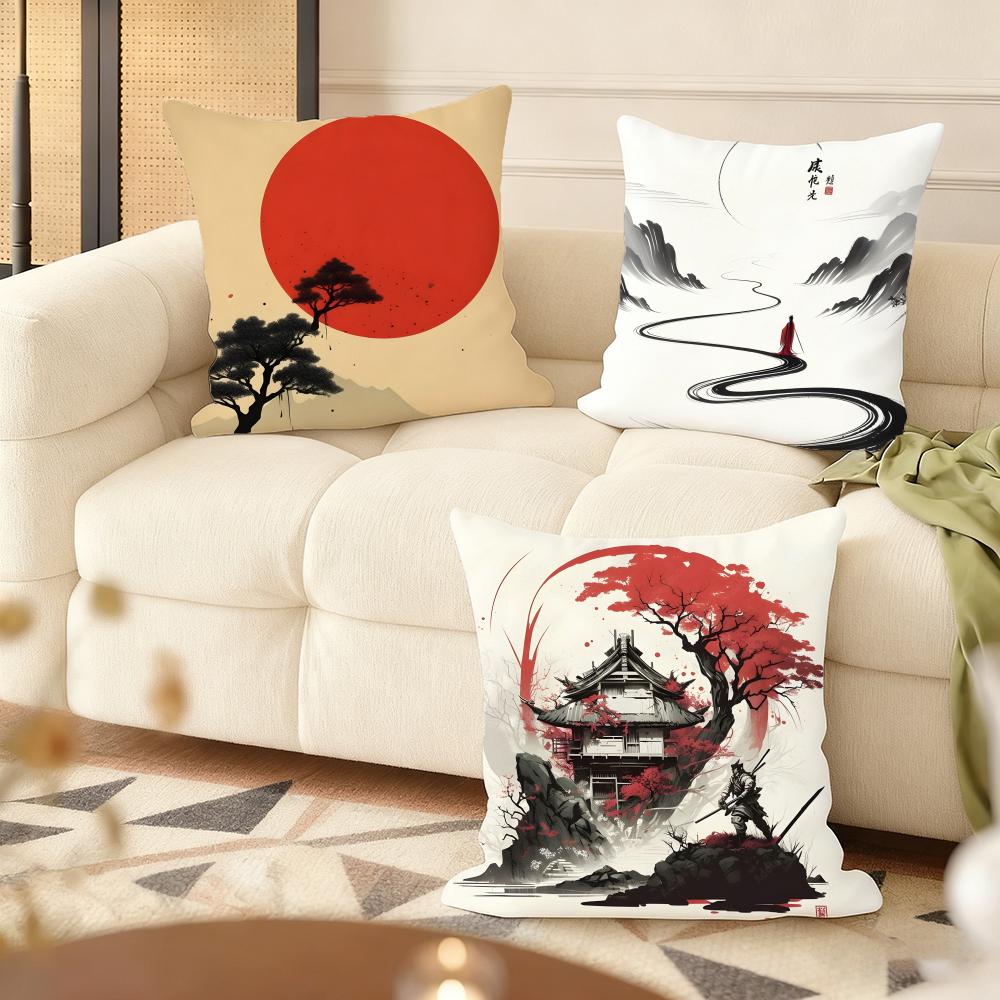 Chinese Ink Painting Style Cushion Cover Soft Short Plush Pillow Cover Smooth Cozy Texture Aesthetic Cushion Case Home Decor