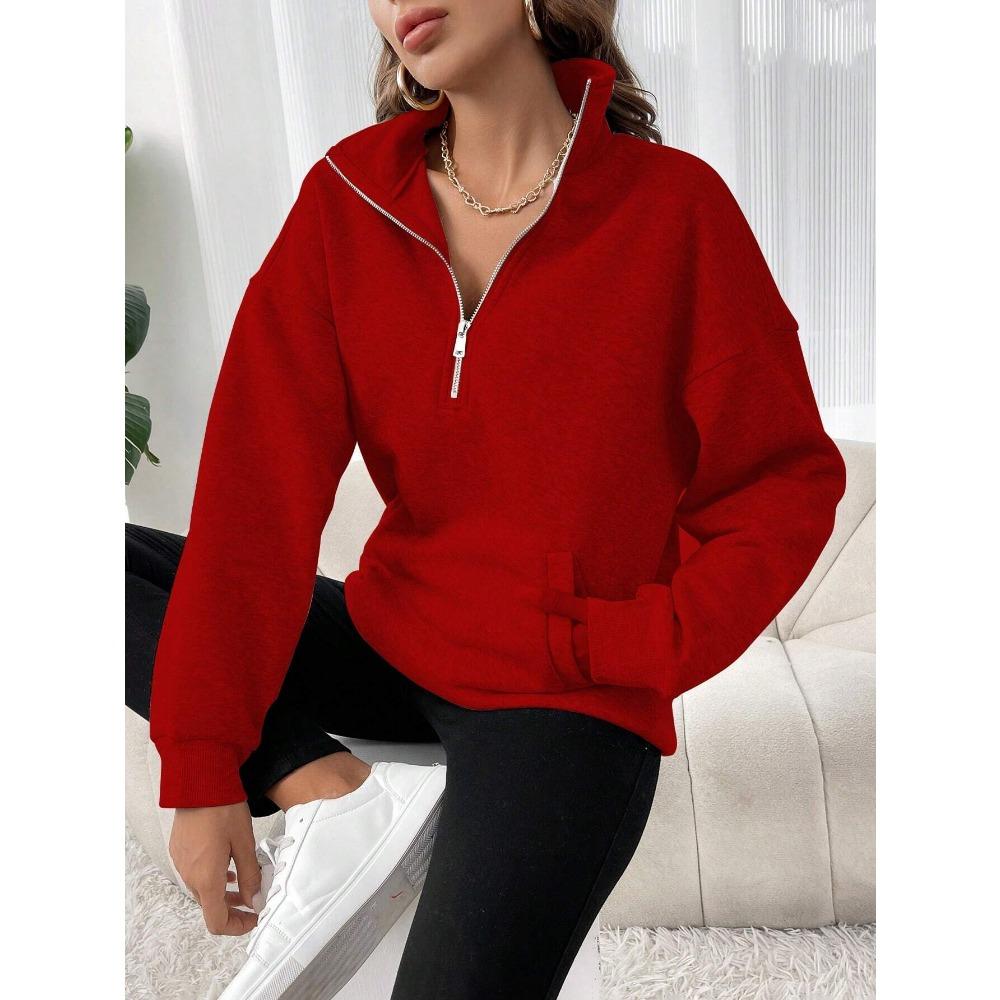 Zipper Slant Pockets Pullover Sweatshirt, Casual Long Sleeve Crew Neck Sweatshirt For Fall & Winter, Women's Clothing
