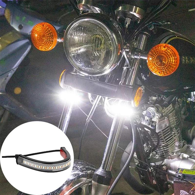 2Pcs 12V LED Ring Fork Strip Lamp Flashing Blinker Motorcycle Turn Signal Light & DRL Amber White Moto Flasher Auto Accessories
