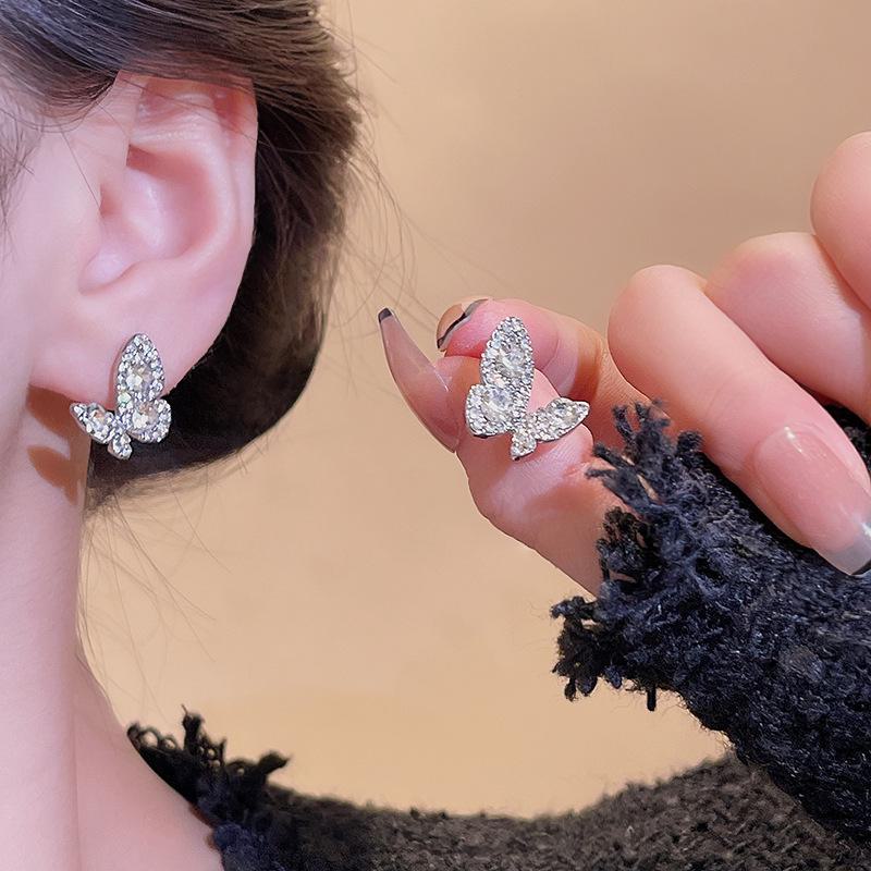 “Korean Diamond Butterfly Earrings: S925 Silver, Luxurious & Trendy Design”