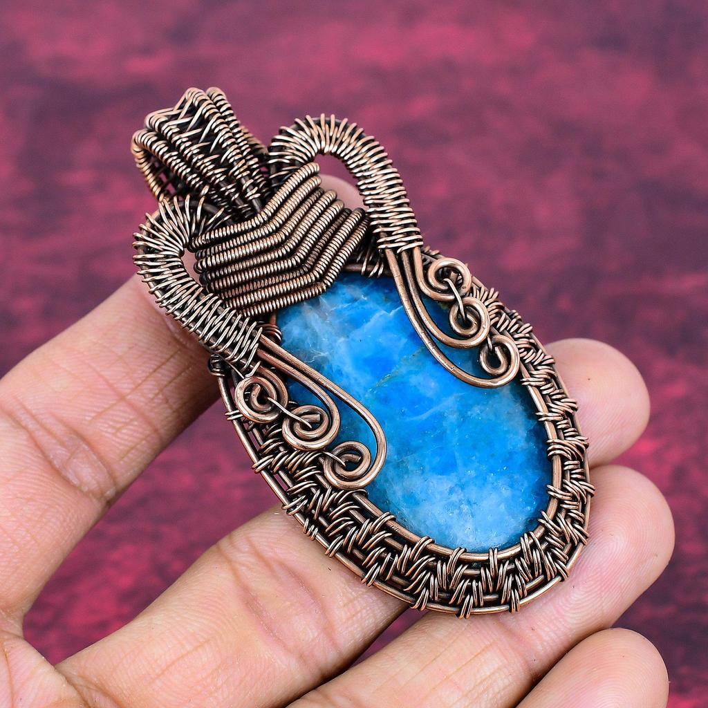 Neon Apatite Pendant Handmade Real Gemstone Pendant Copper Wire Wrapped Jewelry