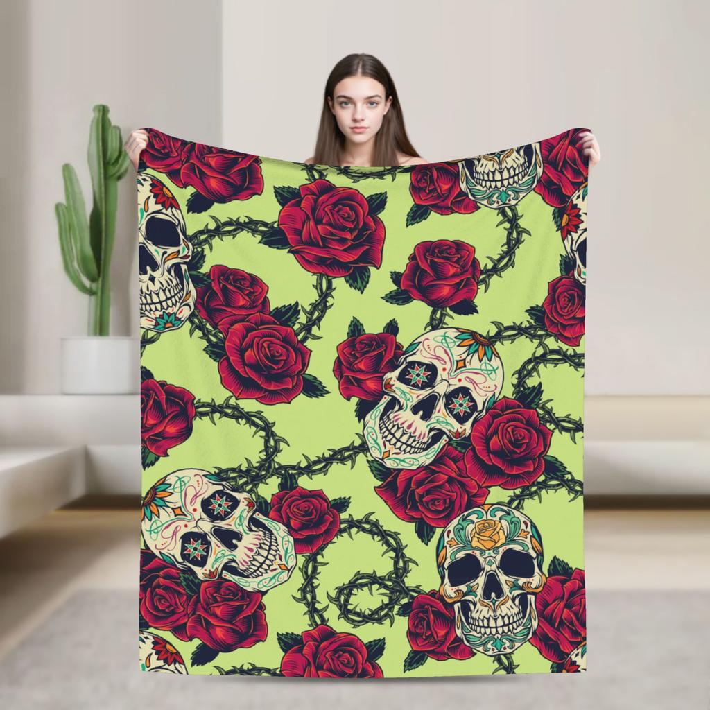 Sugar Skull Day of the Dead Blankets Gothic Mexican Skeleton Halloween Flannel Funny Warm Throw Blankets for Home Spring/Autumn