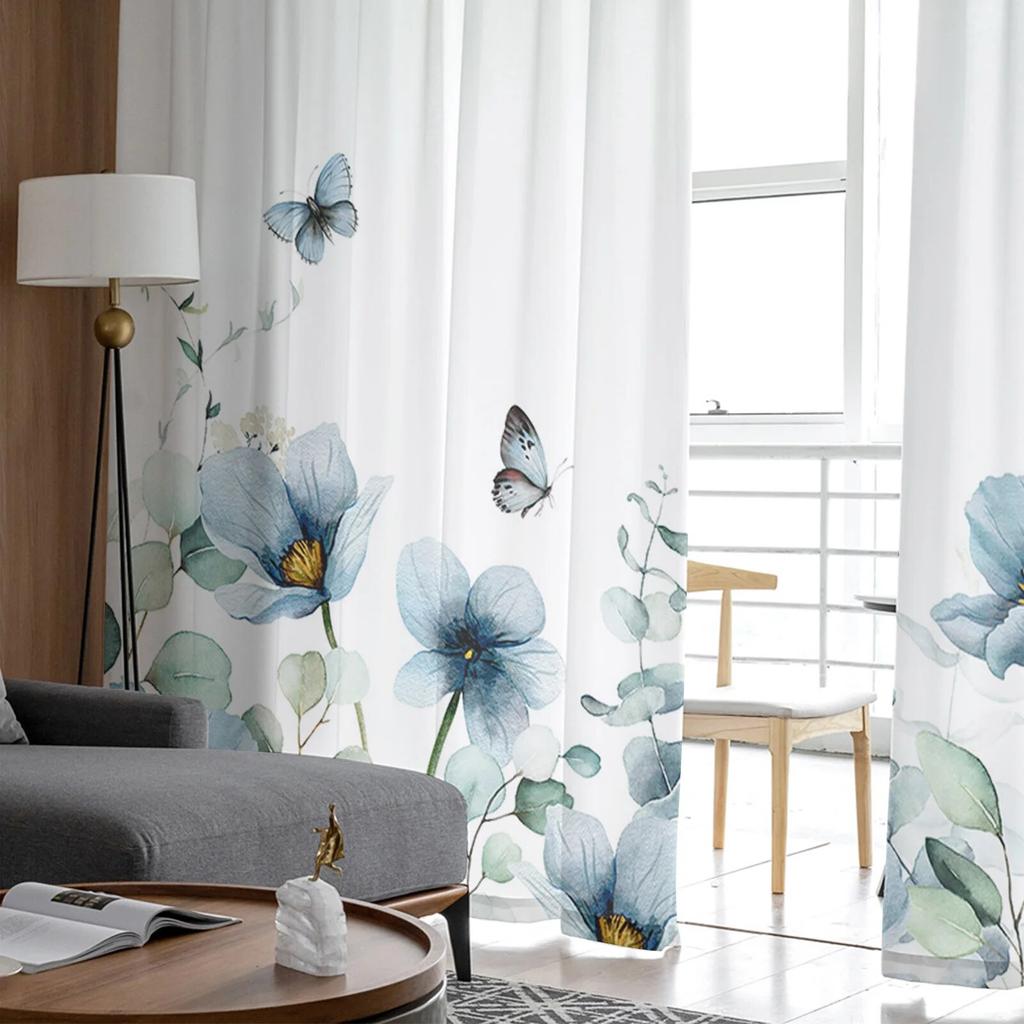 Эвкалипт, тюльпан, бабочка, цветок, ромашка, лист, прозрачные шторы, спальня, гостиная, вуаль, оконные шторы, тюлевые шторы, детская комната