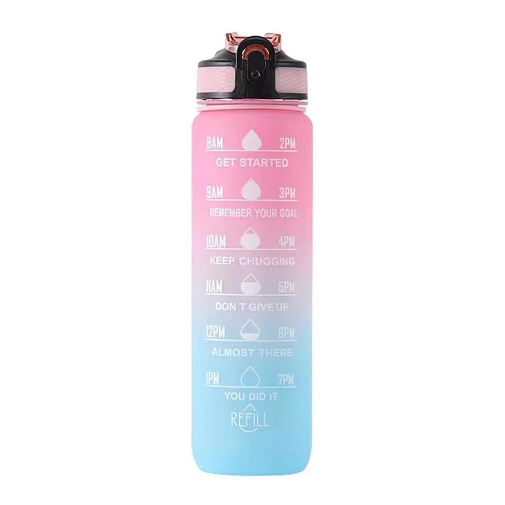 1L Sports Water Bottle With Straw Time Marker Gradient Color Motivational Bottle Leakproof Outdoor Student Drinking Water Cup