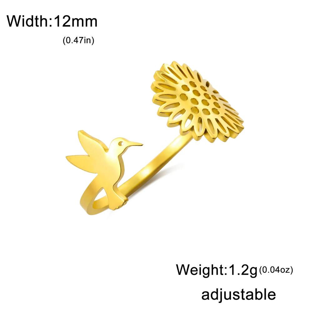 Hummingbird Sunflower Open Rings for Women Stainless Steel Gold Adjustable Rings Bird Flower Jewelry Gifts Trend