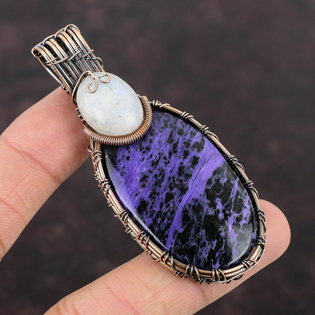Charoite Copper Wire Wrapped Pendant Gemstone Jewelry Handmade Unique Pendant Rainbow Moonstone Jewelry Gift For Her Charoite Copper Jewelry
