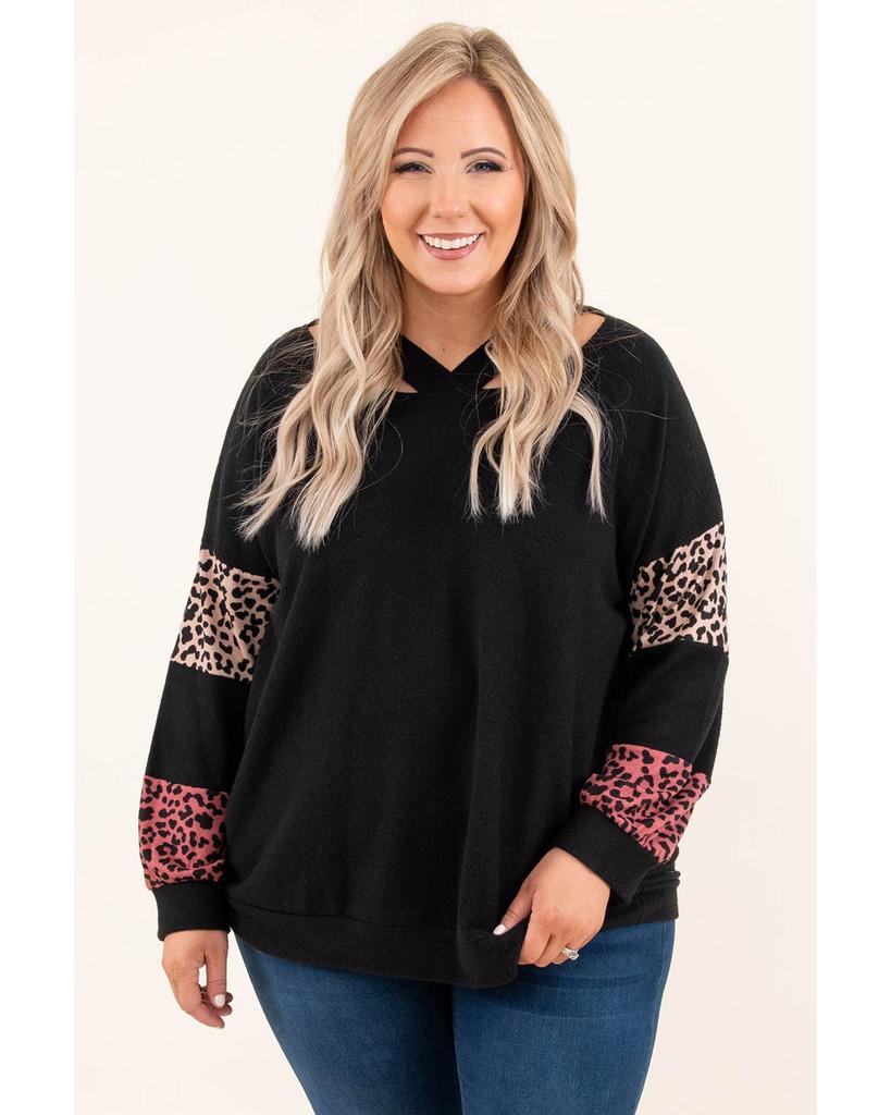 Azura Exchange Black Plus Size Leopard Patchwork Strappy Neck Top
