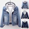 Women Winter Jacket Hooded Solid Color Long Sleeves Detachable Hat Thick Keep Warm Single-breasted Plus Size Plush Denim Winter Coat for Daily Wear