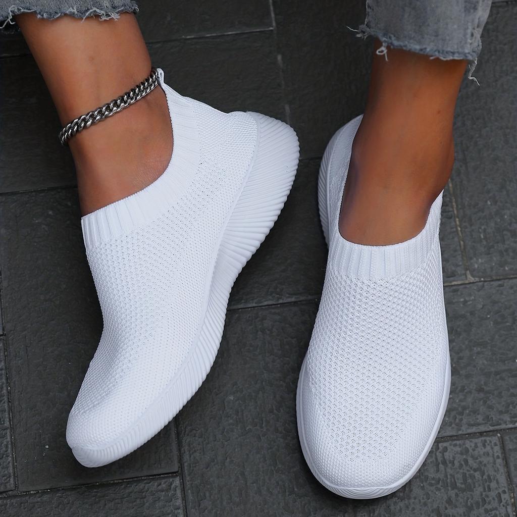 Women's Solid Color Flying Woven Sneakers, Casual & Breathable Slip On Outdoor Shoes, Lightweight Low Top Running Shoes