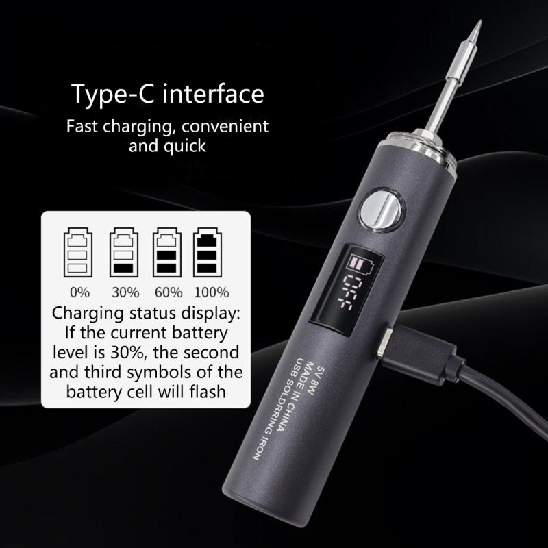 Регулируемый по температуре электрический паяльник USB Type-C порт для зарядки Портативный инструмент для DIY электроники Сменное жало