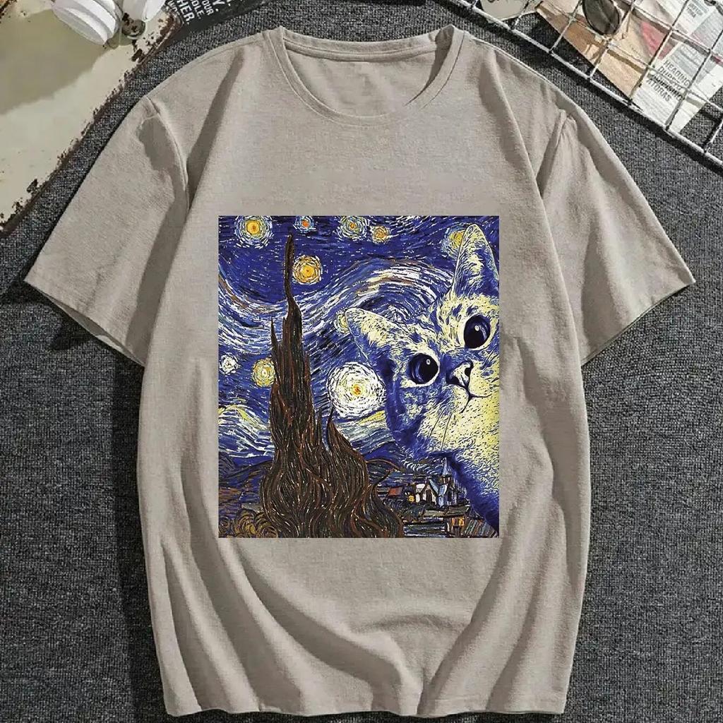 Unisex Casual Creative Cat Graphic Print Round Neck T-shirt, Summer Oversized Loose Tee Clothing Plus Size Unisex