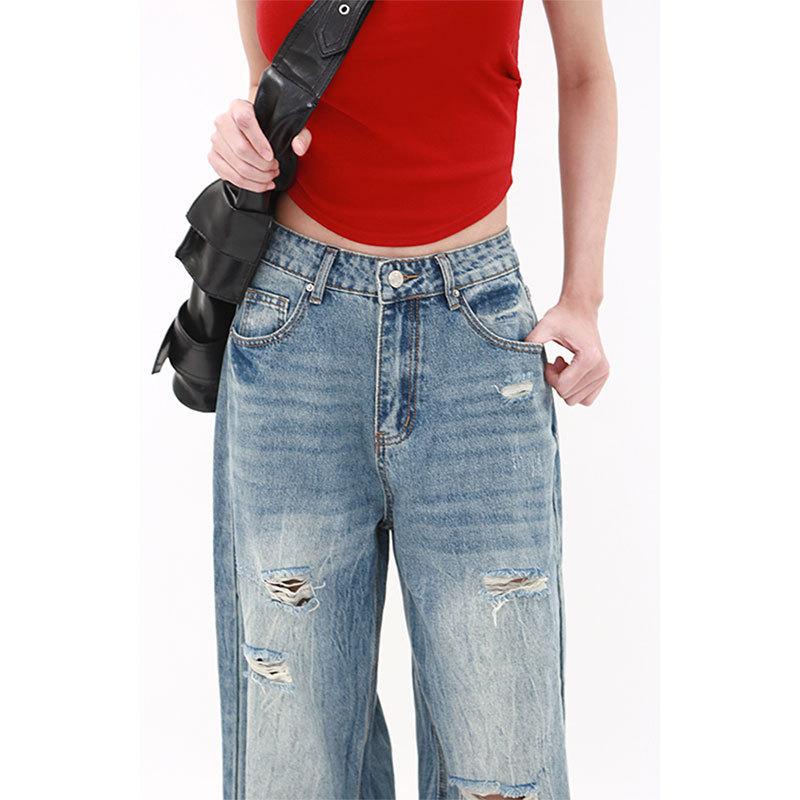 American large size ripped jeans women's summer retro design straight lightning pattern loose wide leg beggar pants
