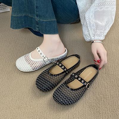 Универсальные тапочки 2025 лето новинка нишевые сетчатые на плоской подошве со стразами полые модные пляжные римские туфли женские