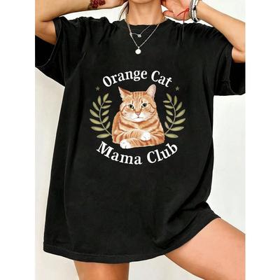 Черная футболка оверсайз с принтом «Orange Cat Mama Club» для женщин, повседневная одежда, летний наряд, уличная мода