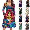 Женское повседневное платье с круглым вырезом и длинными рукавами, карнавальный узор, свободная талия, плиссированное платье