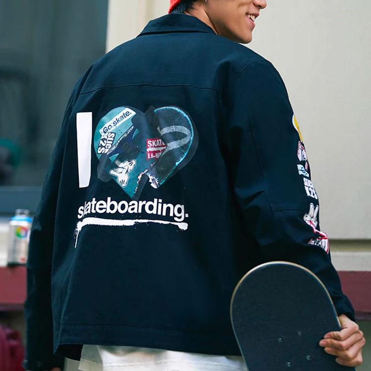 Li Ning X Og_Slick Collaboration Skateboard Series Cartoon Pattern Printed Freeneck Cotton Jacket Winter Men Jacket Black AJMS017-2