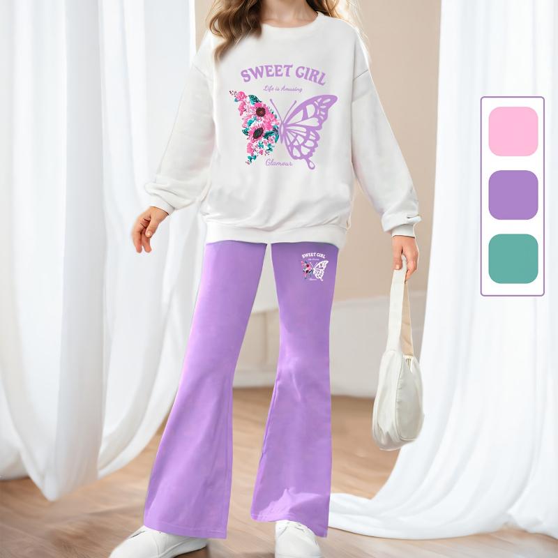 Комплект из 2 предметов для девочек, толстовка с длинными рукавами и принтом «бабочка» + расклешенные брюки, повседневный детский костюм на осень